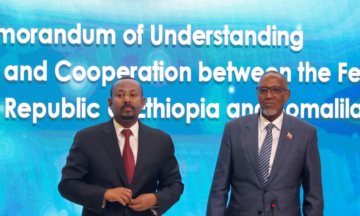 Ethiopia’s Prime Minister Abiy Ahmed and Somaliland President Muse Bihi at the signing of the agreement on 1 January 2024, which sparked Somalia's outrage. Photograph: Tiksa Negeri/Reuters
