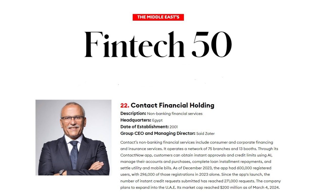 Contact Financial Holding Recognized as a top FinTech firm in the Middle East – Dailynewsegypt